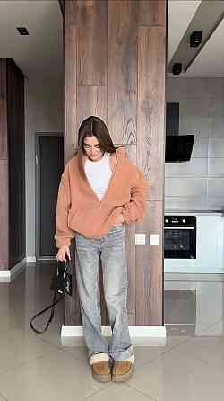 Жіночий теплий оверсайз худі з блискавкою з хутра баранчика Кемел Одеса