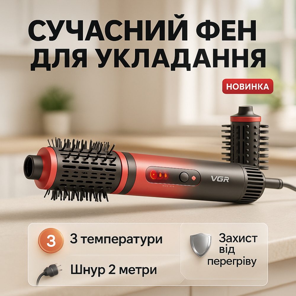 Женский профессиональный фен для укладки волос VGR V-489, Фен с насадкой брашинг Мощный расческа MB-21 Львов - изображение 20
