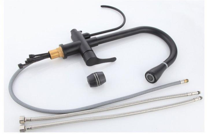 Змішувач для кухні латунний із підключенням до фільтру, кран кухонний із висувним шлангом WanFan Чорний Кам'янець-Подільський - фото 9