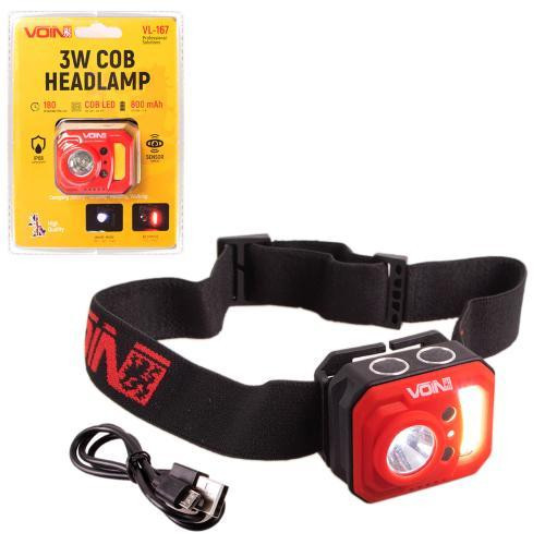 Налобный фонарь VOIN VL-167 с 3W COB (W/R) + 3W XPE, аккумулятор 800mAh, регулировка наклона и сенсор Харьков - изображение 1