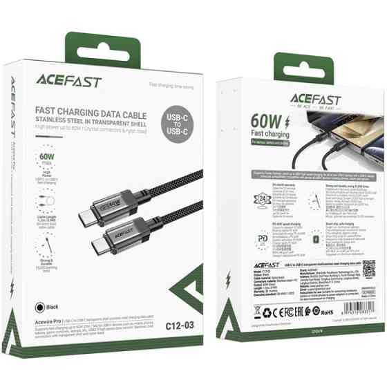 Кабель USB 2.0 Type-C M-M, 1.2м 60W stainless steel Black, C12-03 Acefast Вінниця