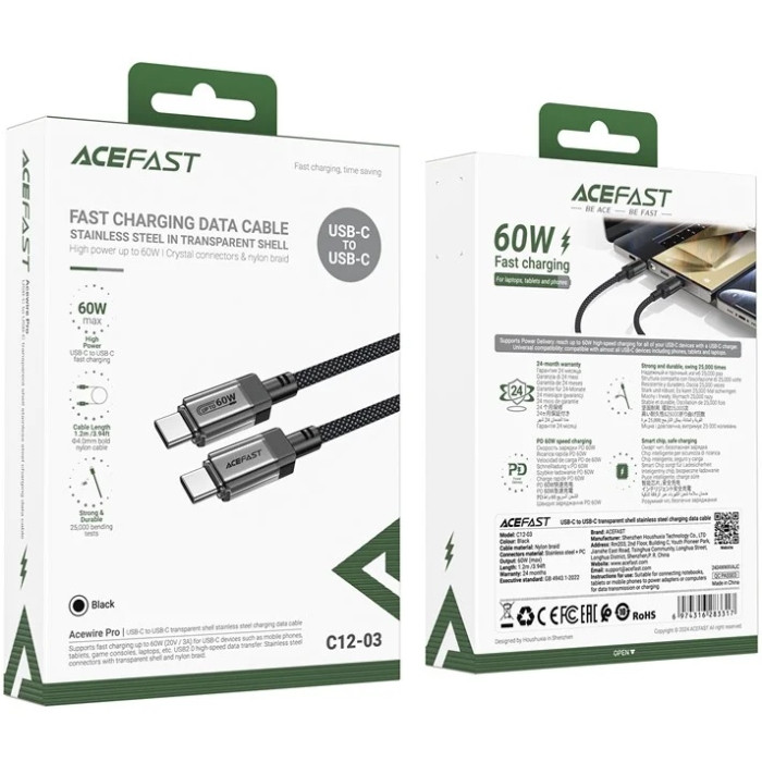 Кабель USB 2.0 Type-C M-M, 1.2м 60W stainless steel Black, C12-03 Acefast Вінниця - фото 4