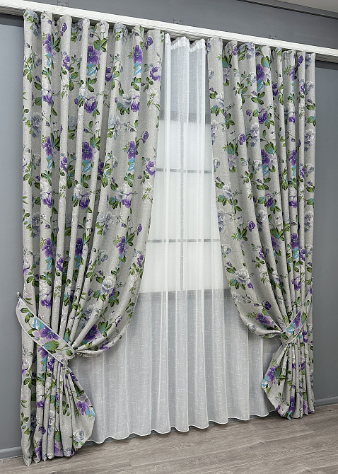 Комплект штор VR-Textil Лен Прованс 100х270 2шт и Тюль 400х270 2084ш-115т Светло-серый с фиолетовым и белым 71-219/2 Киев - изображение 2