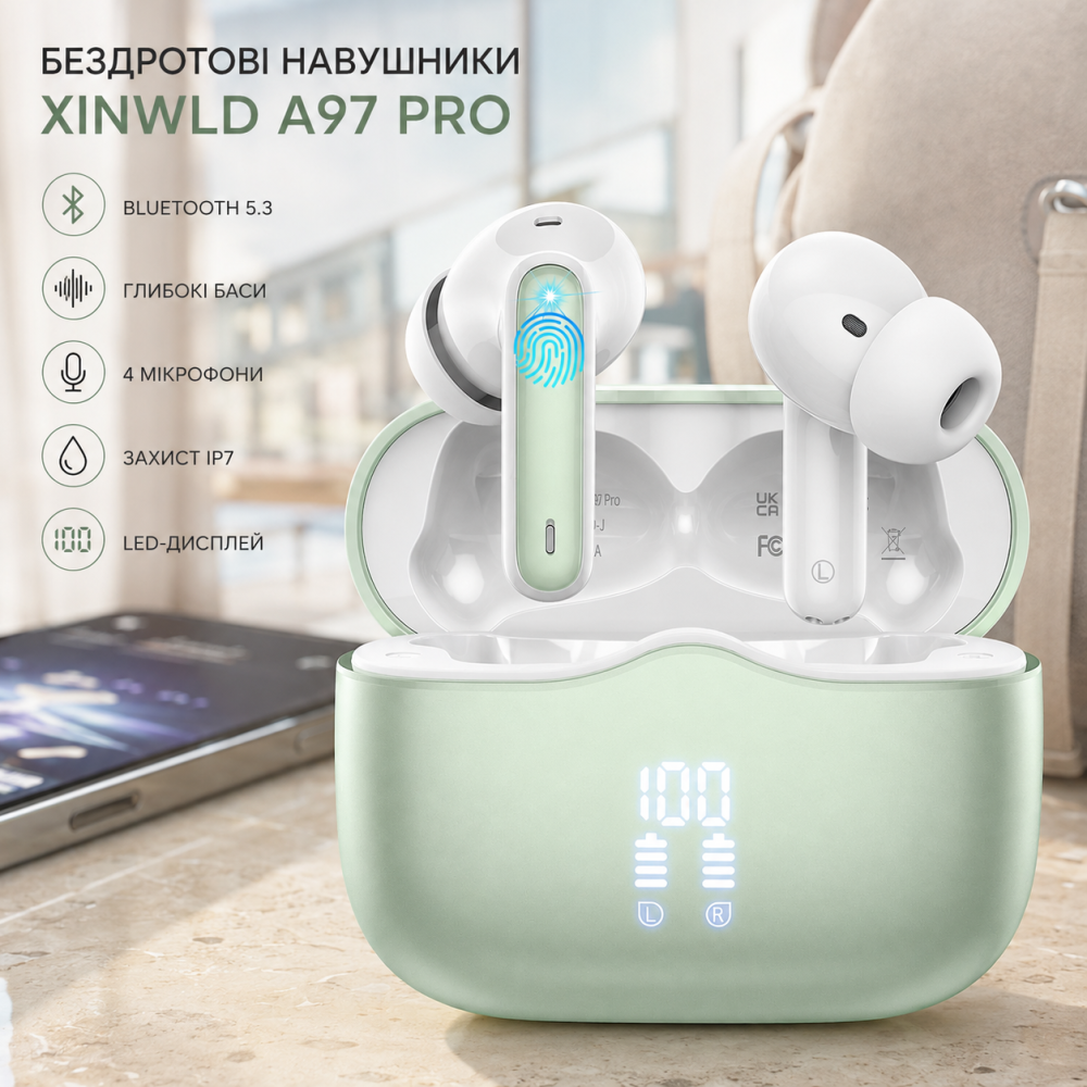 Беспроводные наушники Xinwld A97 Pro Bluetooth 5.3, 4 ENC-микрофона, 40 часов, LED, USB-C, IPX7, Grassgreen Киев - изображение 8