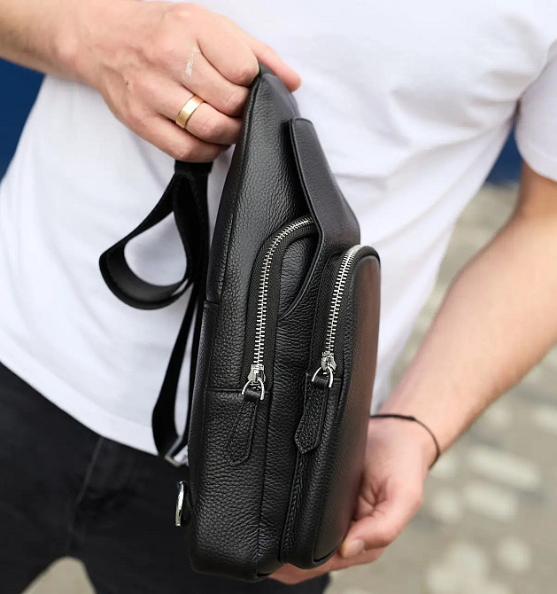 Мужская кожаная сумка слинг через плечо из натуральной кожи черная TIDING BAG Киев - изображение 7
