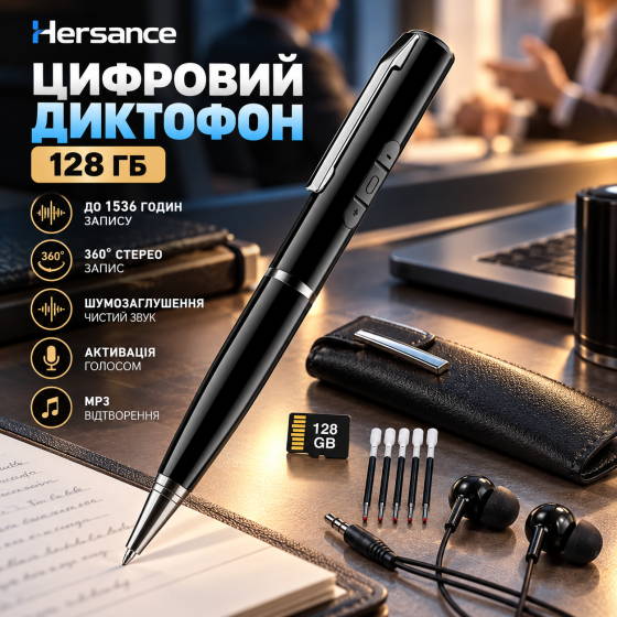 Цифровий диктофон Hersance 128 ГБ, до 1536 год запису, 360° стерео, шумозаглушення, активація голосом, MP3 Київ