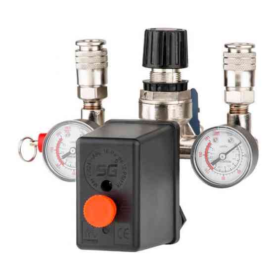 Пресостат 220 В (блок автоматики компресора) в зборі: пресостат, редуктор, 2 манометри, запобіжний клапан, 2 виходи INTERTOOL Киев