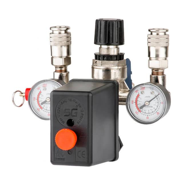 Пресостат 220 В (блок автоматики компресора) в зборі: пресостат, редуктор, 2 манометри, запобіжний клапан, 2 виходи INTERTOOL Киев - изображение 2