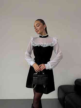 Женское сдержанное базовое платье с рюшами креп дайвинг + шифон Одесса