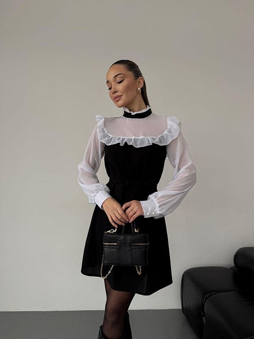 Женское сдержанное базовое платье с рюшами креп дайвинг + шифон Одесса - изображение 2