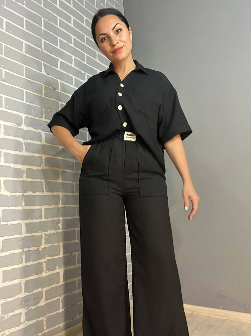 Костюм женский Mix Ray 4157 рубашка оверсайз брюки с разрезами по бокам ровные от бедра черный, черный, M Киев - изображение 3