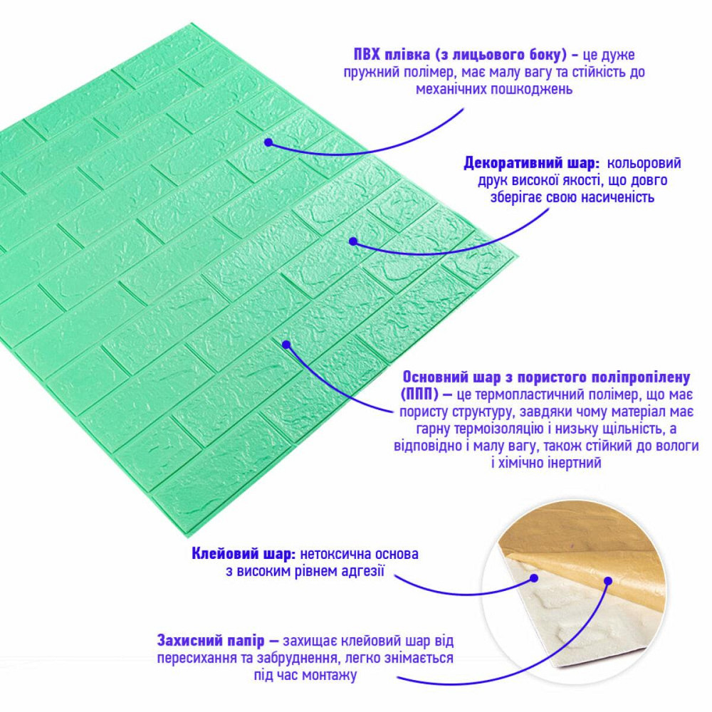 3D панель самоклеющаяся 700x770x3мм кирпич Мята (012-3) SW-00000233 Киев - изображение 2