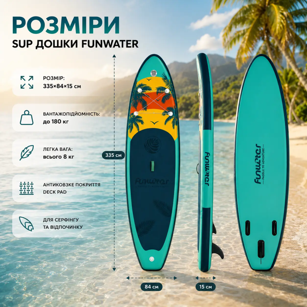 Надувна SUP дошка 335×84×15 см — до 180 кг, легка 8 кг, антиковзка, для серфінгу та відпочинку Київ - фото 11