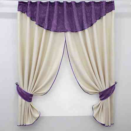 Кухонные шторы VR-Textil № 073к с ламбрекеном и подхватами молочный с фиолетовым 270х160 см (50-937) Киев
