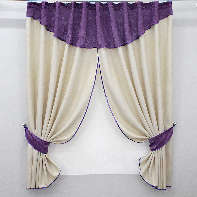 Кухонные шторы VR-Textil № 073к с ламбрекеном и подхватами молочный с фиолетовым 270х160 см (50-937) Киев - изображение 1