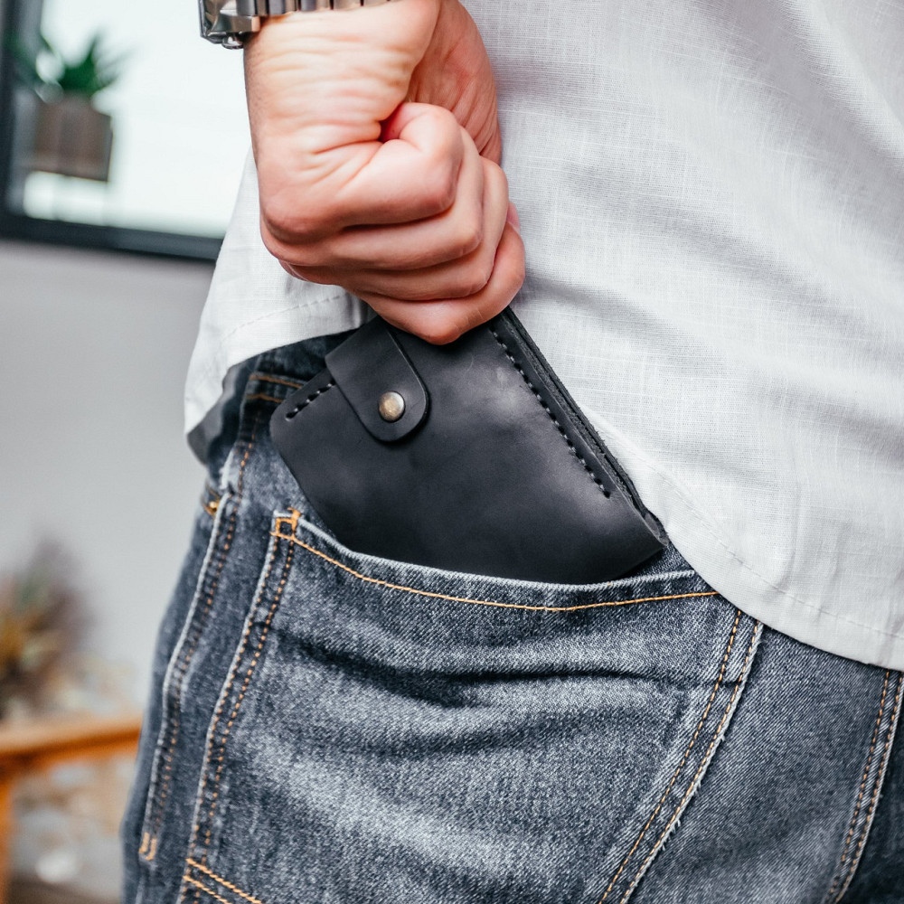 Гаманець чоловічий з натуральної шкіри Crazy Horse, стильний гаманець на кнопці для хлопця, чорнийMasterSem Київ - фото 4