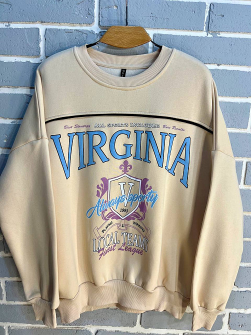 Свитшот женский OLIVIA 2468 надпись впереди VIRGINIA утепленный на флисе модель оверсайз one size, світло-бежевый, one size Киев - изображение 7