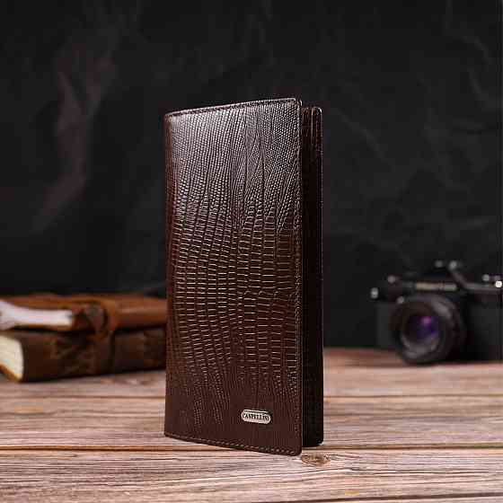 Фактурний чоловічий вертикальний гаманець без застібки з натуральної шкіри з тисненням CANPELLINI 21903 Коричневий Київ
