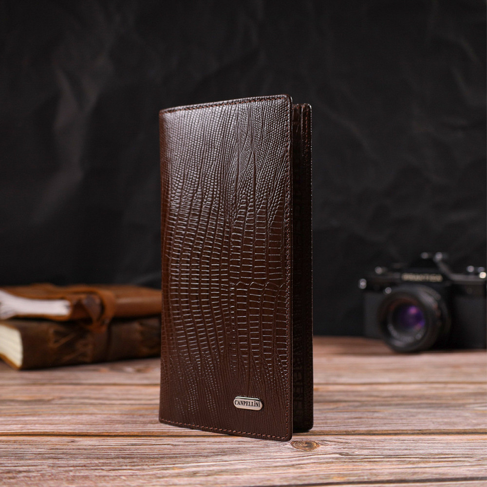 Фактурний чоловічий вертикальний гаманець без застібки з натуральної шкіри з тисненням CANPELLINI 21903 Коричневий Київ - фото 3