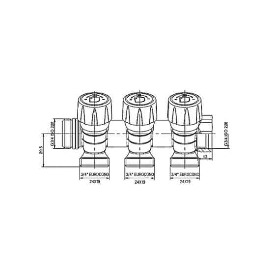 Колектор з регулюючими вентилями на 3 вих. Roho R809-03 - 3/4"x3/4" EK (RO0250) Київ