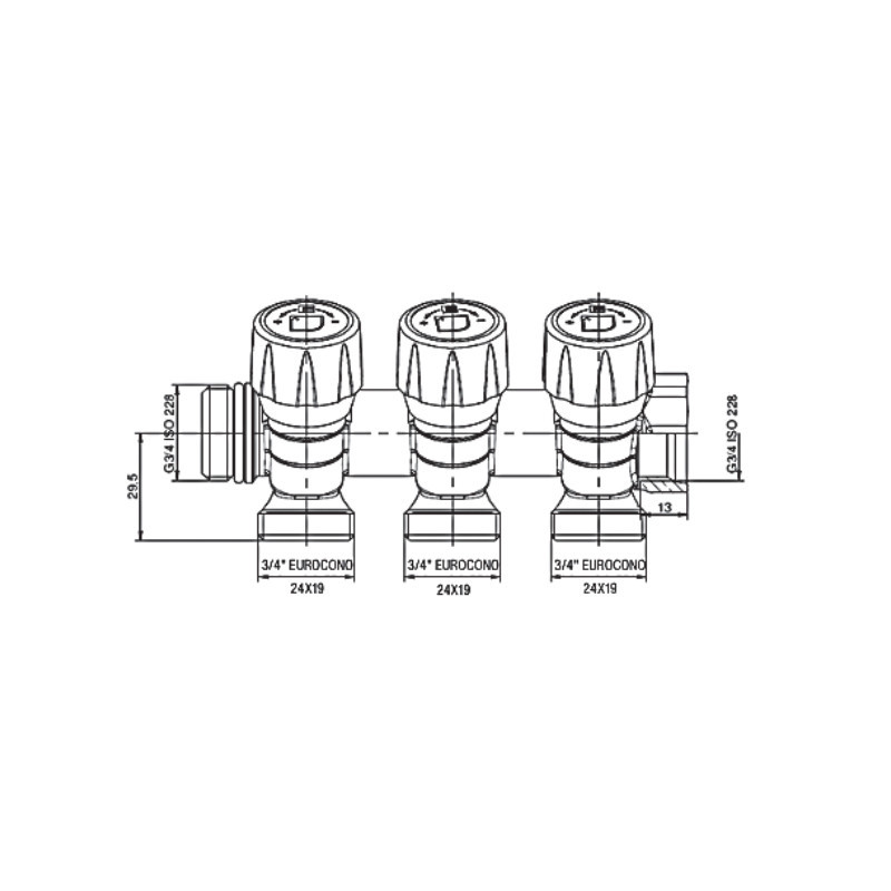 Колектор з регулюючими вентилями на 3 вих. Roho R809-03 - 3/4"x3/4" EK (RO0250) Київ - фото 3