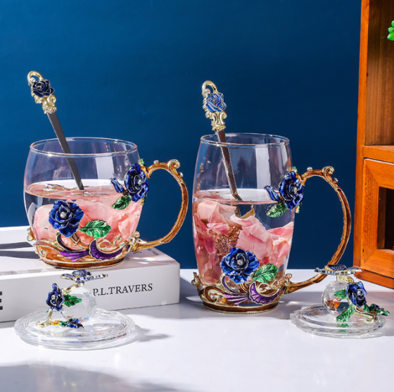 Набор чашек термостойких 350 и 320 мл с ложечкой и крышечкой Чайная пара Синяя роза Подарочная упаковка Кременчуг