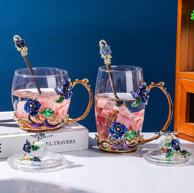 Набор чашек термостойких 350 и 320 мл с ложечкой и крышечкой Чайная пара Синяя роза Подарочная упаковка Кременчуг - изображение 4