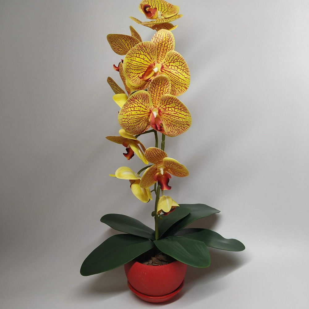 Штучна латексна орхідея VIP у червоному керамічному кашпо на одну гілку жовто-червона Дніпро - фото 1