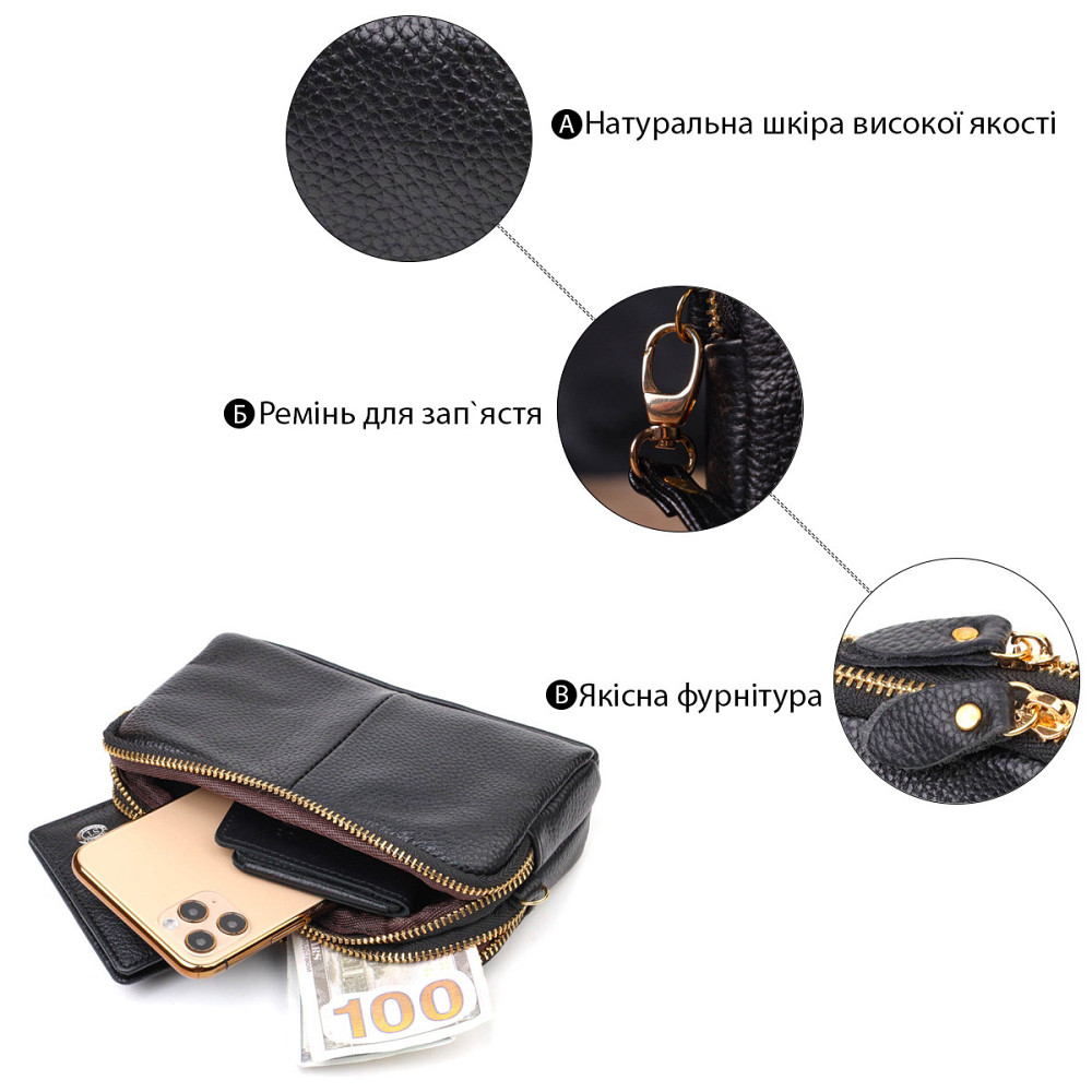 Женский клатч на два отделения из натуральной кожи 22088 Vintage Черный Киев - изображение 4