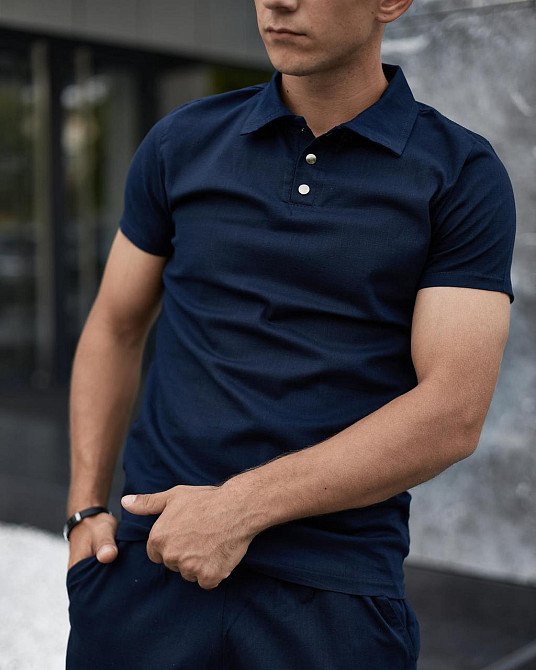 Стильная футболка поло Flax из льна мужская polo тенниска лен повседневная синяя XXL Одесса - изображение 4