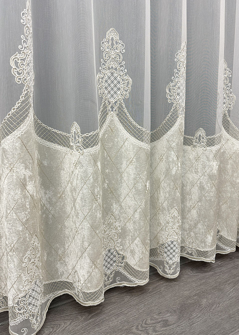 Тюль VR-Textil 1815т Бамбук с вышивкой и бархатом Молочный  300х270 см (40-111) Киев - изображение 7
