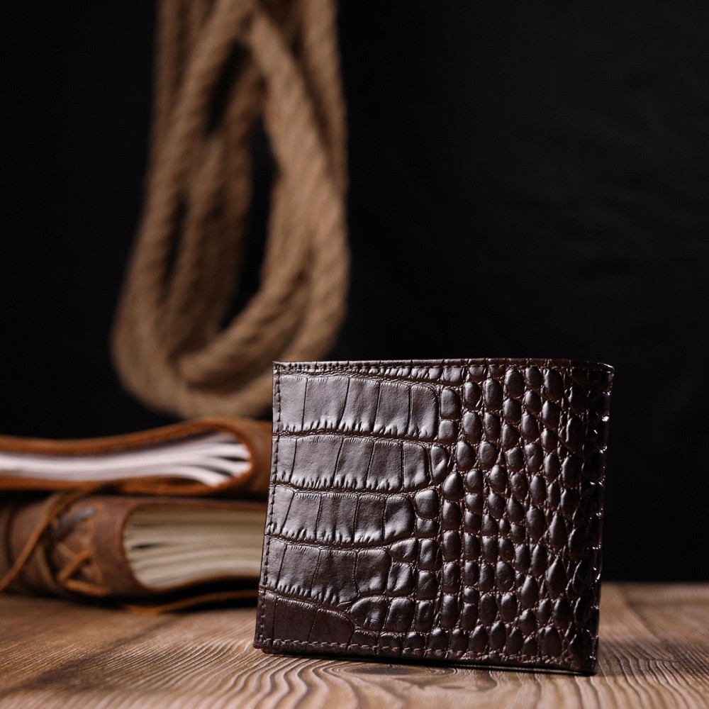 Практичный мужской зажим из фактурной кожи под рептилию KARYA 21050 Коричневый Киев - изображение 9