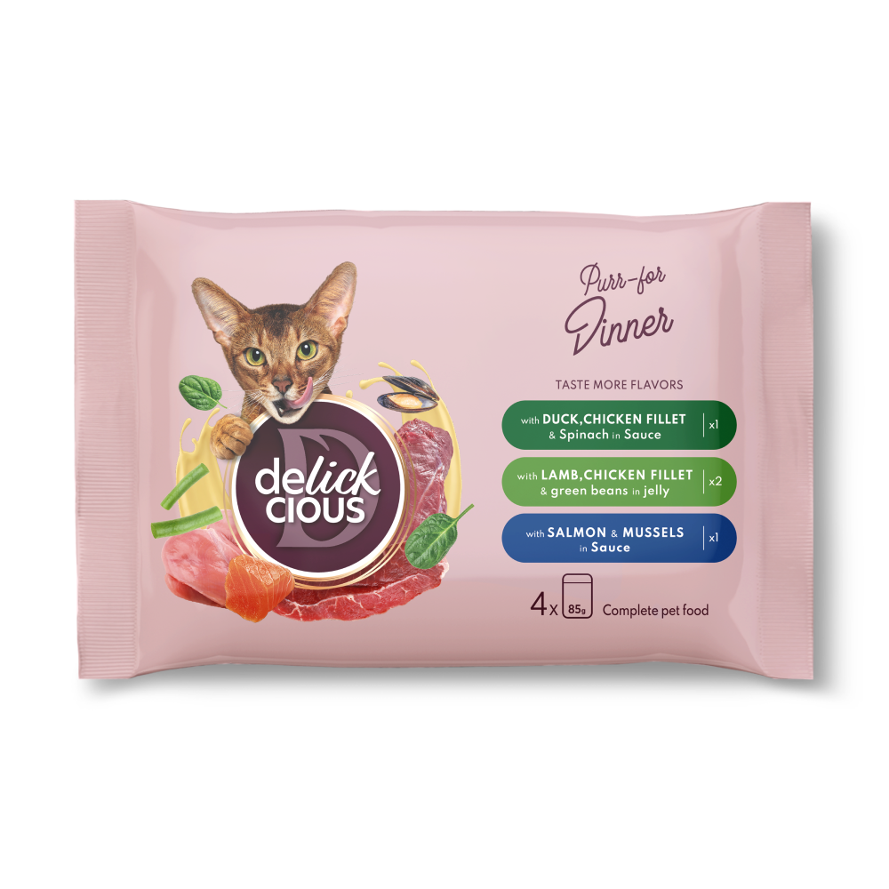 Набор №3 влажного корма для взрослых кошек Деликшес Delickcious (4 шт - 4 разных вкуса), 340 г Винница - изображение 1