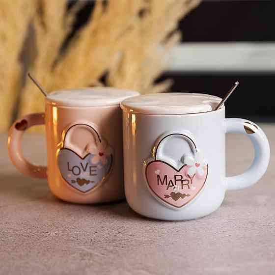 Парные фарфоровые чашки с сердцем, 400 мл, розово-голубые Киев