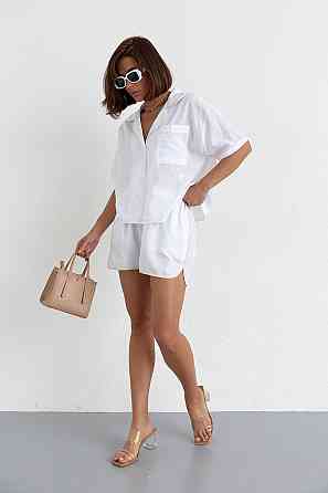 Летний хлопковый костюм-двойка свободного фасона с шортами и рубашкой, молочный, L Лубны