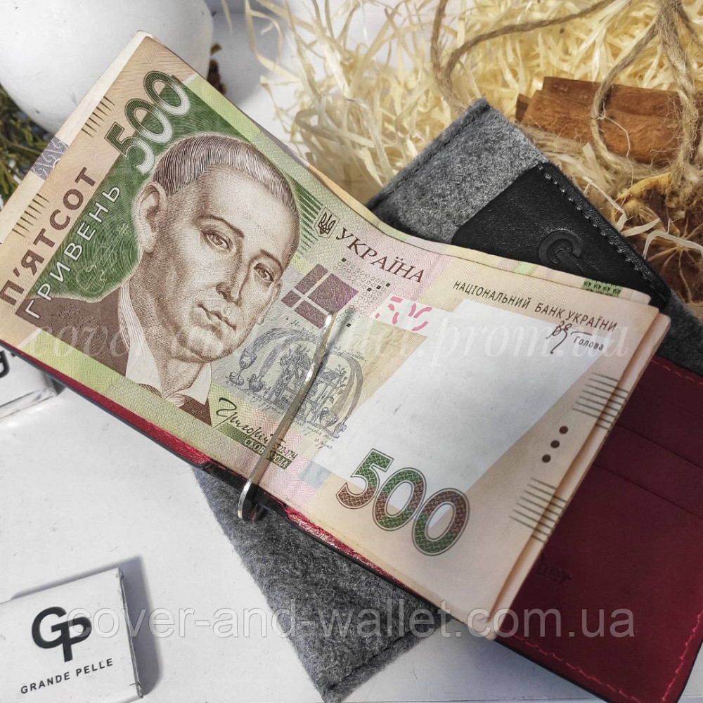 Стильний затискач для грошей та карток з натуральної шкіри червоний з чорним Grande Pelle Onda Київ - фото 3
