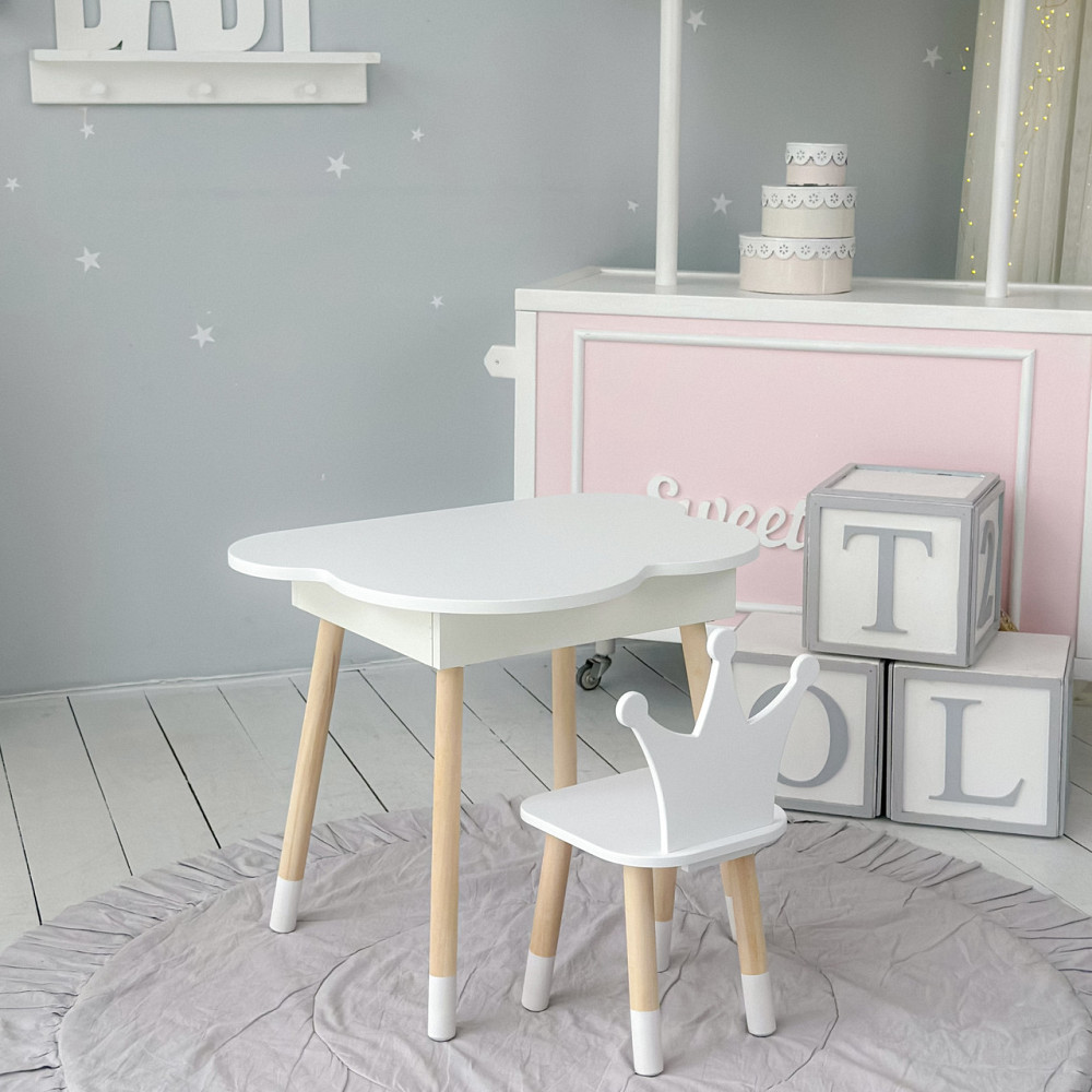 Столик хмаринка з відкидною нішею 54х68х50 і стільчик корона 26х26х24, стіл та стілець в дитячу, білий Київ - фото 6