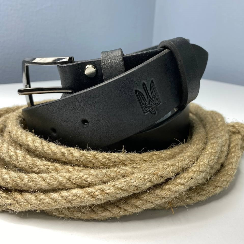 Чоловічий шкіряний ремінь під джинси, пояс чоловічий з натуральної шкіри з тисненням Герб, чорнийMasterSem Київ - фото 5
