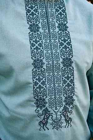 Вышиванка льняная мужская, длинный рукав, цвет полынь, топ Киев