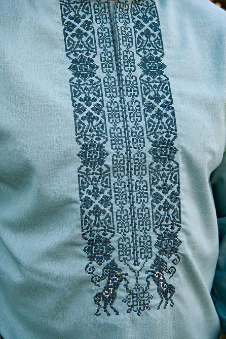 Вишиванка лляна чоловіча, довгий рукав, колір полин, топ  -обдяг Київ - фото 3