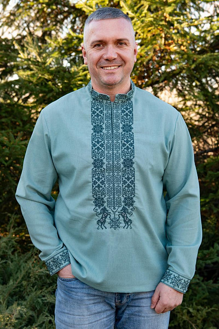 Вишиванка лляна чоловіча, довгий рукав, колір полин, топ  -обдяг Київ - фото 1