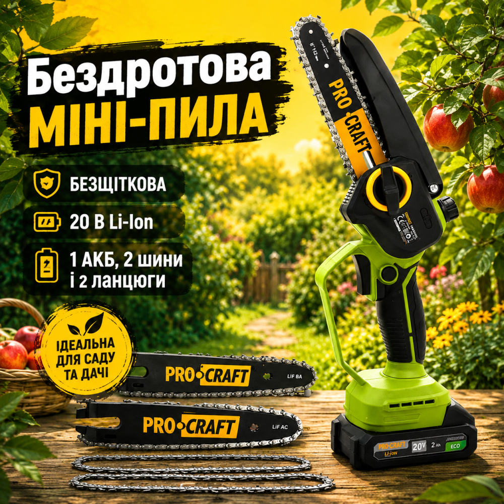 Акумуляторна міні пила Procraft , Міні ланцюгова пила з автозмащуванням ланцюга 1 АКБ 20 В 2 А. безщіткова Львів - фото 11