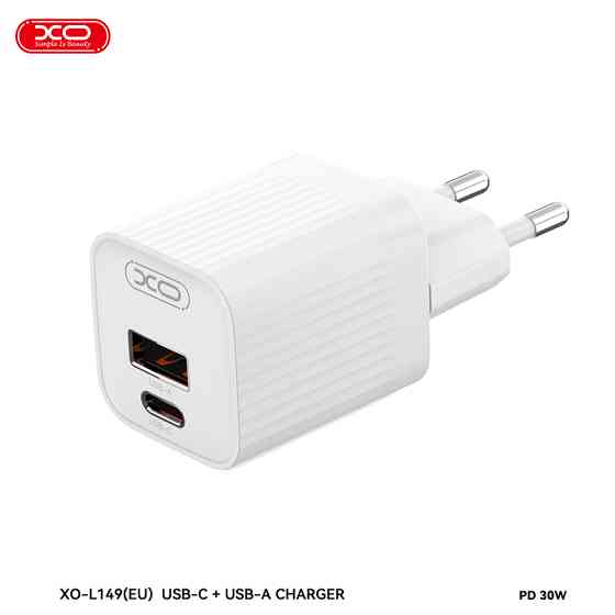 Мережевий зарядний пристрій XO L149 PD30W 1USB-A+1USB-C + Lightning кабель білий Львів