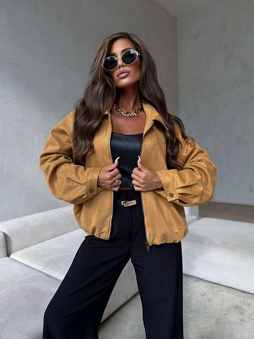 Жіночий стильний бомбер оверсайз на блискавці замш на дайвінгу Кемел, 42/46 Одеса - фото 3