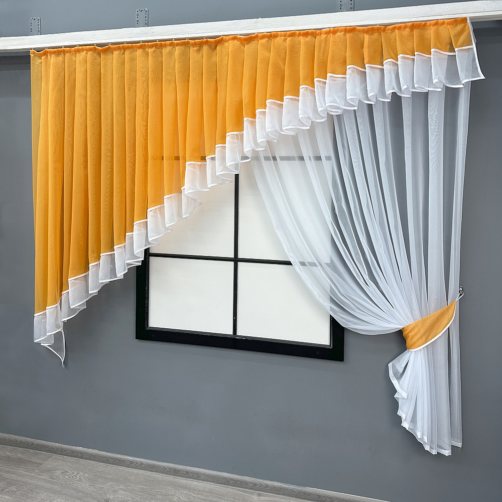 Кухонний комплект VR-Textil № 062к шторка з ламбрекеном помаранчевий із білим 200х170 см (52-1183) Київ - фото 2