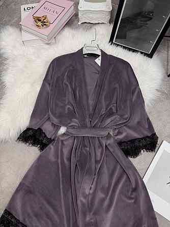Женский домашний халат на запах велюр с кружевом Фиолетовый, Oversize 42/46 Одесса