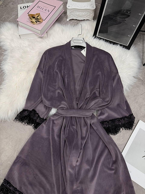 Женский домашний халат на запах велюр с кружевом Фиолетовый, Oversize 42/46 Одесса - изображение 3