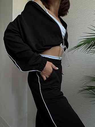 Женский прогулочный костюм тройка: кофта топ и штаны  двунить + микродайвинг Черный, 46/48 Одесса