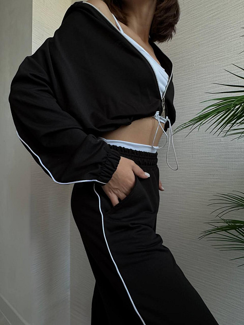 Женский прогулочный костюм тройка: кофта топ и штаны  двунить + микродайвинг Черный, 46/48 Одесса - изображение 3