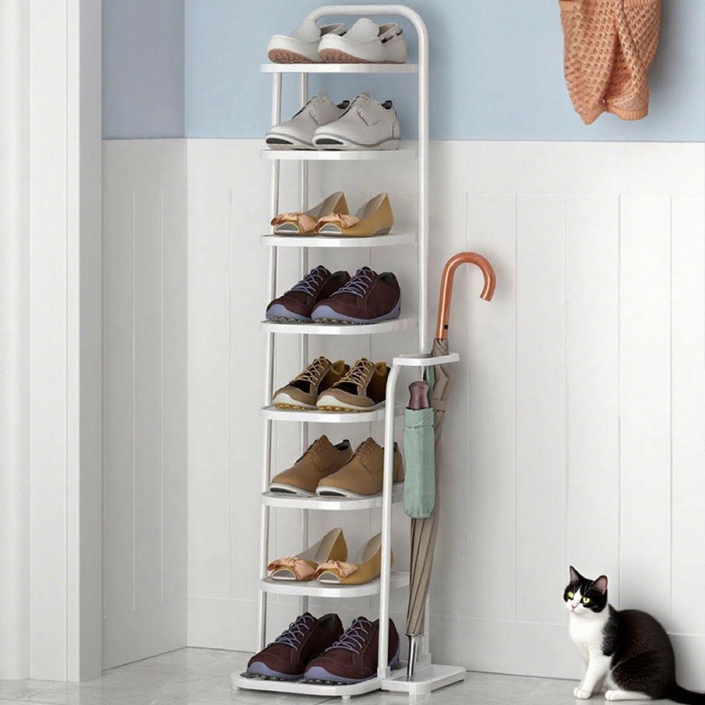 Полиця-стелаж для взуття, в передпокій на 8 пар взуття з підставкою для парасольок і аксесуарів, металевий, білий Кам'янець-Подільський - фото 1